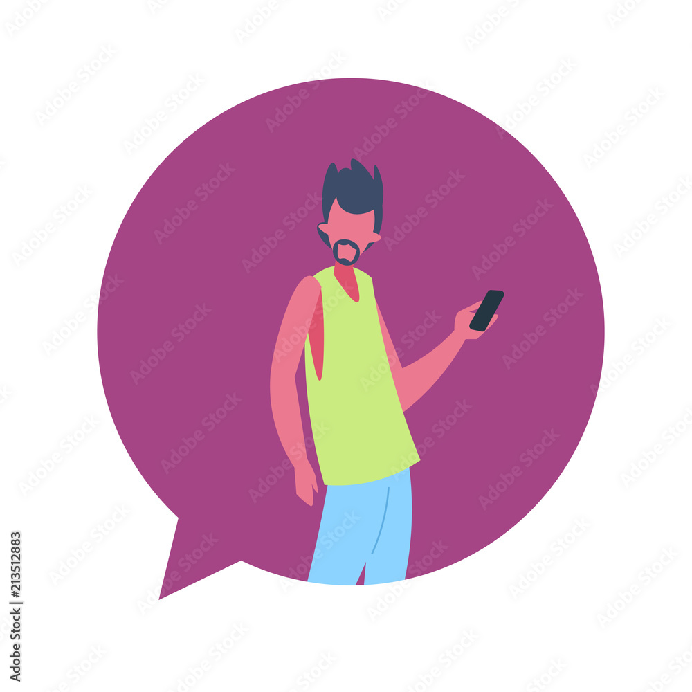 man using mobile app chat bubble character avatar isolated male cartoon portrait flat vector illustration man using mobile app chat bubble character avatar isolated male cartoon portrait flat vector illustration