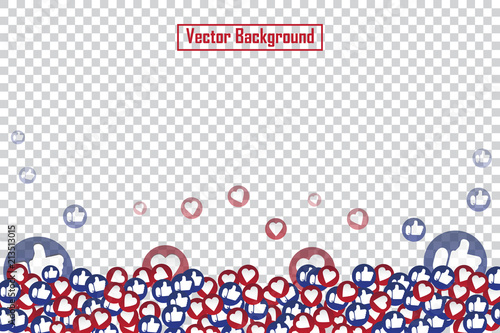 Social nets blue thumb up like and red heart floating web buttons isolated on transparent background. Like and heart icons for live stream video chat likes falling background vector design template