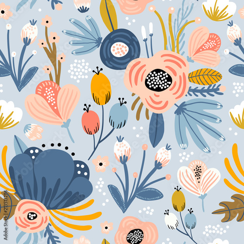 Carta da parati stile francese - Carta da parati Seamless pattern with flowers,palm branch, leaves. Creative floral texture. Great for fabric, textile Vector Illustration