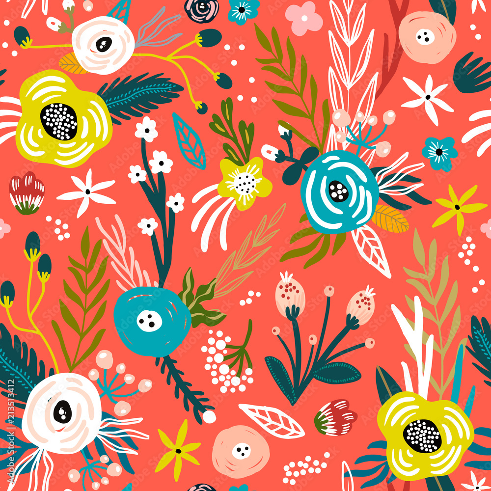 Fototapeta premium Seamless pattern with flowers,palm branch, leaves. Creative floral texture. Great for fabric, textile Vector Illustration
