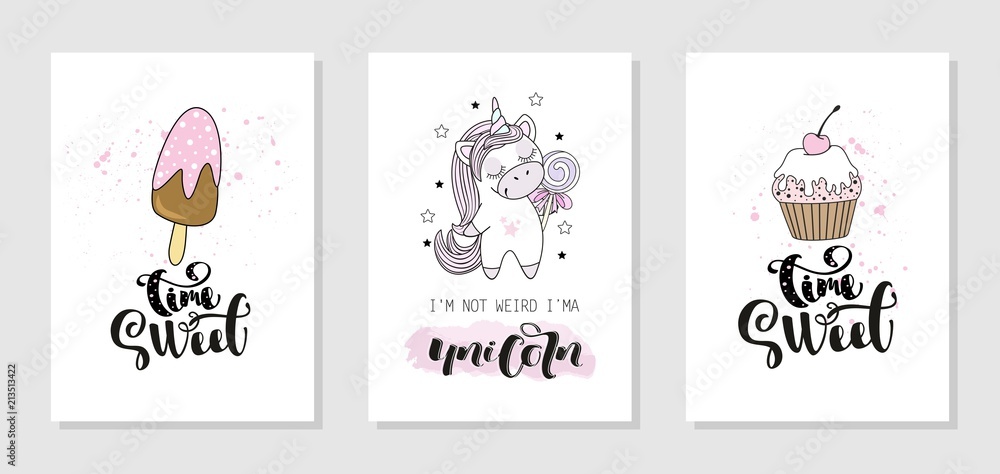Set of summer holiday cards with unicorn. Vector illustration.