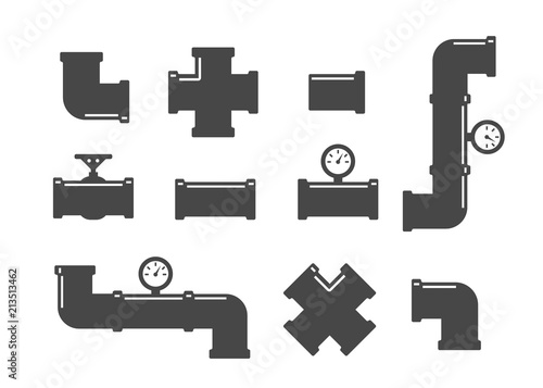 Valve, taps, pipe connectors, pipe details. Pipe fittings vector icons set photo