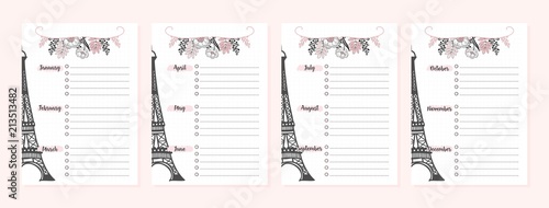 Set of pages for monthly planner for study or work.Backgrounds and inscriptions. Vector illustration