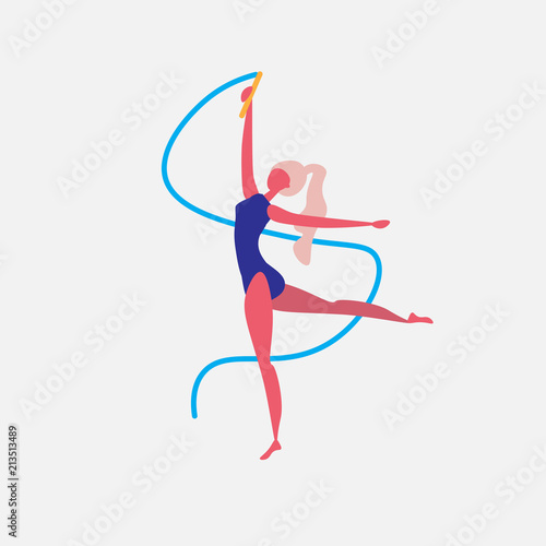 gymnast girl dance blue ribbon character sportswoman activities cartoon isolated healthy lifestyle concept full length flat vector illustration