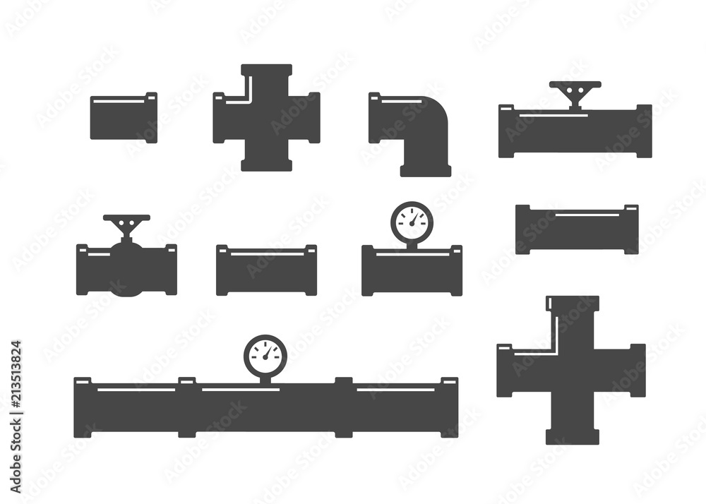 Set of metallic copper sewer pipes. Copper pipes vector set Stock