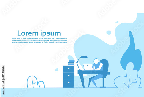 businessman sit at office desk hard working process concept business man flat copy space horizontal vector illustration