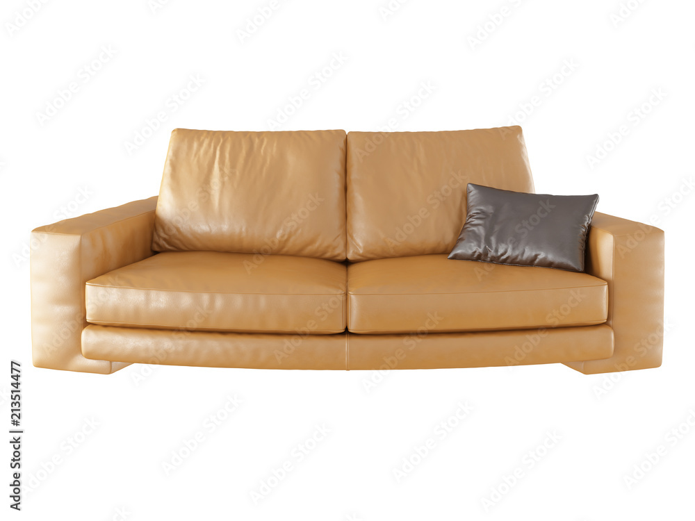 Leather sofa with a brown pillow on a white background Leather sofa with a brown pillow on a white background