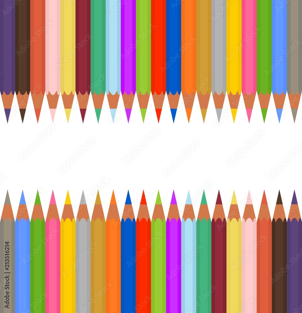 Set of colored pencils sharp side by side and opposite top and bottom. The wooden pencils white stripe in the middle Set of colored pencils sharp side by side and opposite top and bottom. The wooden pencils white stripe in the middle