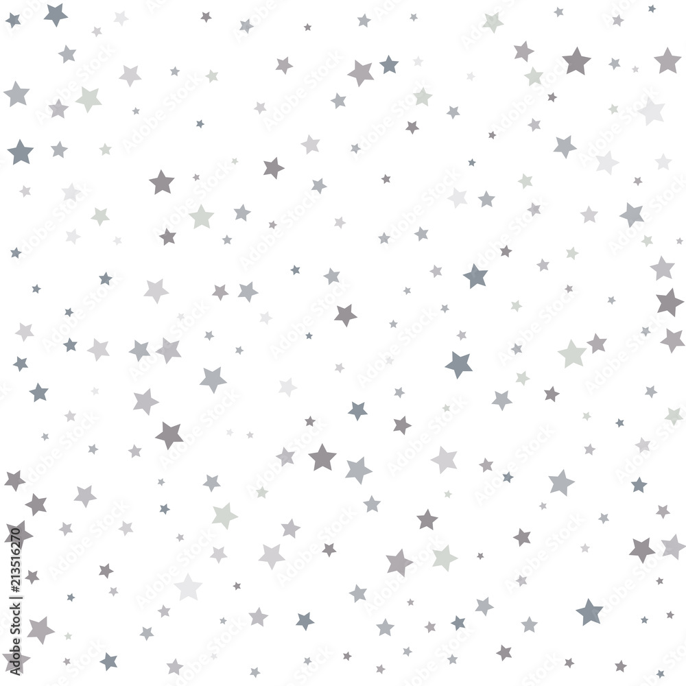 Fototapeta premium silver stars background, sparkling christmas lights confetti falling isolated on white. magic shining Flying stars glitter cosmic backdrop, sparkle vector border.