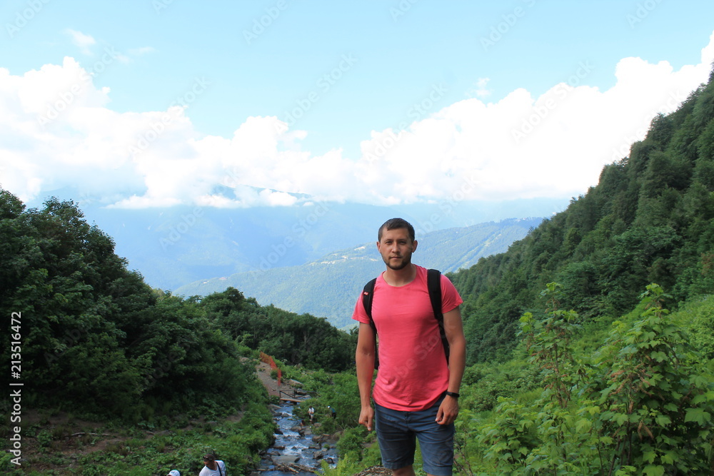 Naklejka premium Summer holiday in mountains, a relax! summer, sea, mountains! Beautiful places, parks, avenues! Mountain falls.