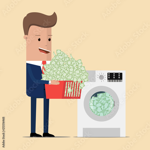 Corrupt confident businessman  washing dirty money, illegal money laundering . Vector illustration