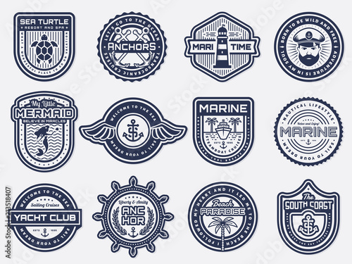 Sea, nautical and beach retro badges. Vector set.