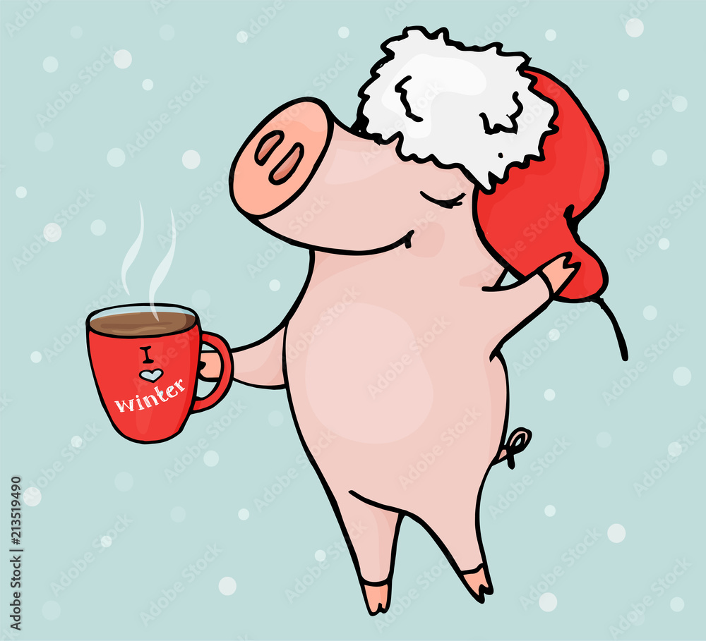 New 2019. Chinese year of the pig. A postcard with a funny pig in hat and  with a Cup of coffee. Colorful vector illustration in sketch style. Stock  Vector | Adobe Stock