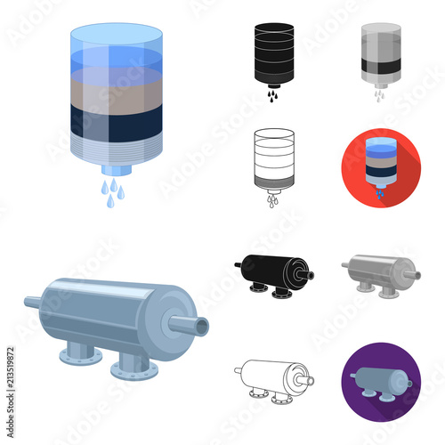 Water filtration system cartoon,black,flat,monochrome,outline icons in set collection for design. Cleaning equipment vector symbol stock web illustration.