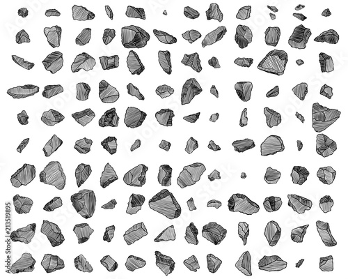 Rock stone set. Black and white stones and rocks in hand drawn hatching, wood carve style. Set of different boulders. Vector.