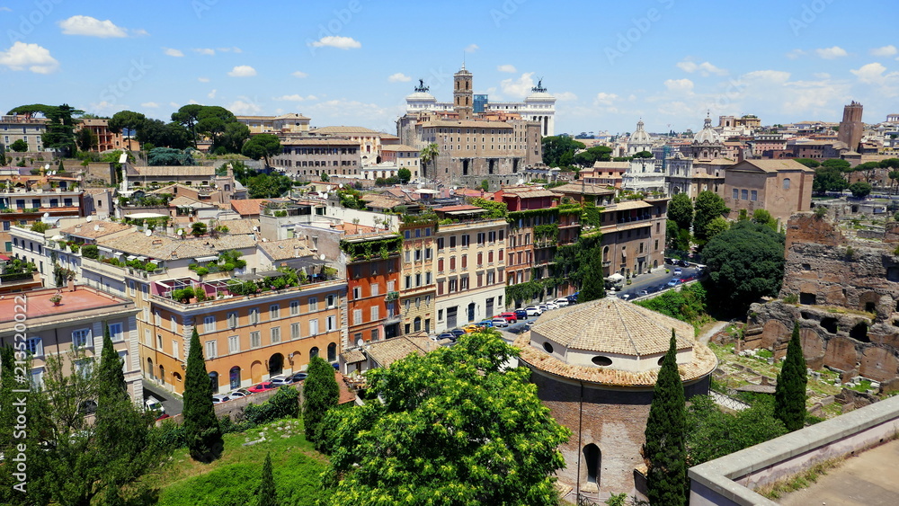 Blick auf Rom vom Palatin aus mit Forum Romanum, Kapitol, Petersdom und mehr