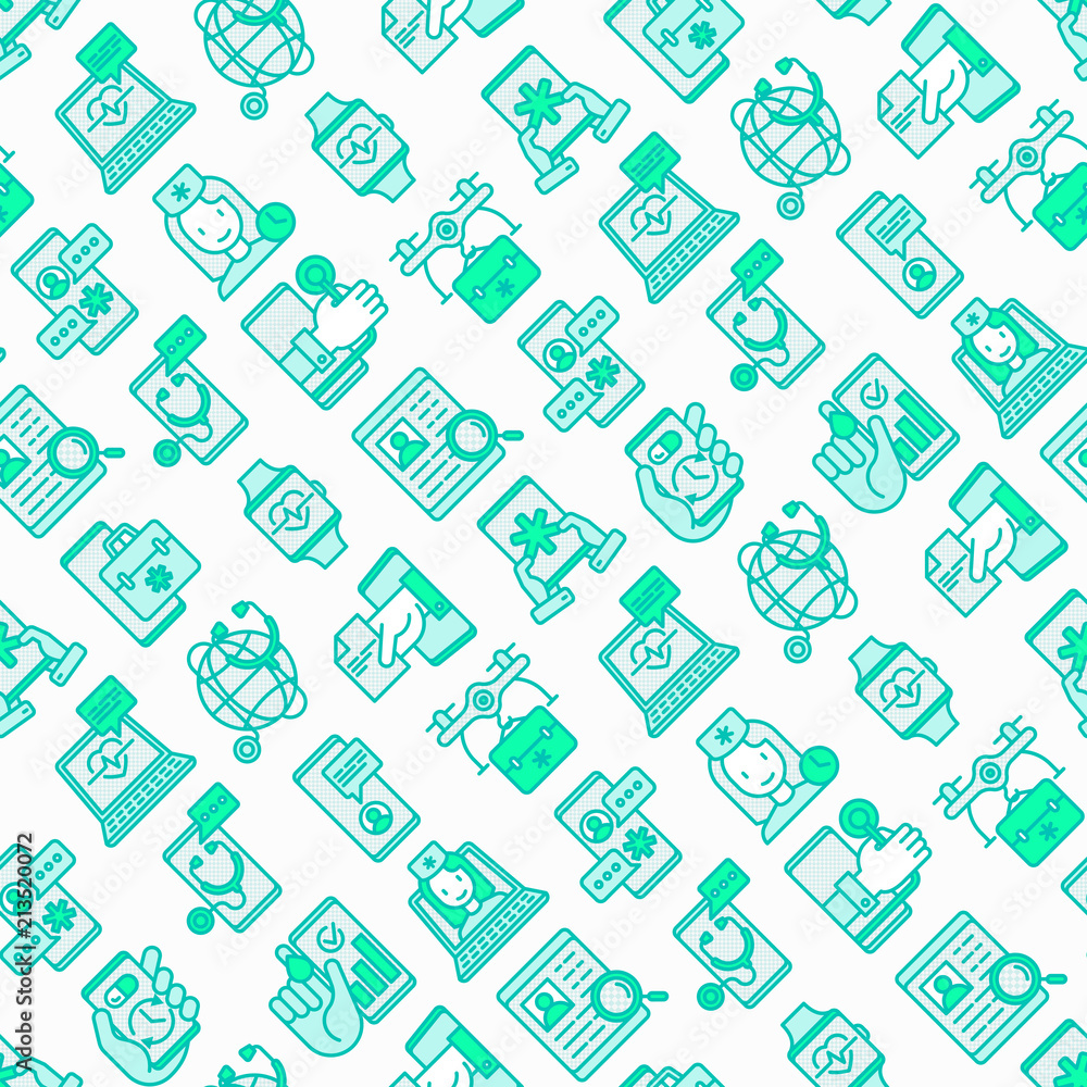 Online medicine, telemedicine seamless pattern with thin line icons: pill timer, ambulance online, medical drone, tracker, mHealth, messenger, check symptomps. Modern vector illustration. Online medicine, telemedicine seamless pattern with thin line icons: pill timer, ambulance online, medical drone, tracker, mHealth, messenger, check symptomps. Modern vector illustration.
