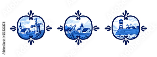 Dutch porcelain style design - blue painting of windmills and village in the Netherlands.