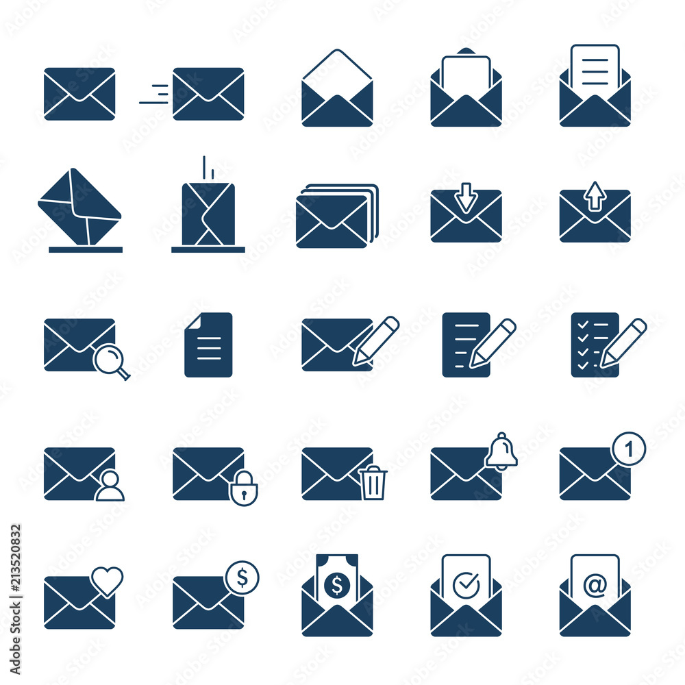 Envelope Mail icon set. Vector isolated symbol collection in flat style Envelope Mail icon set. Vector isolated symbol collection in flat style