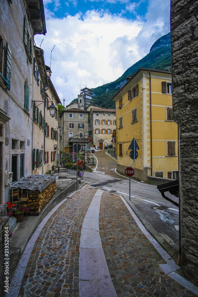 Longarone, Italy - July, 12, 2018: Alpine landscape with the image of Longarone, Italy