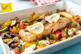 Baked salmon with vegetables and lemon