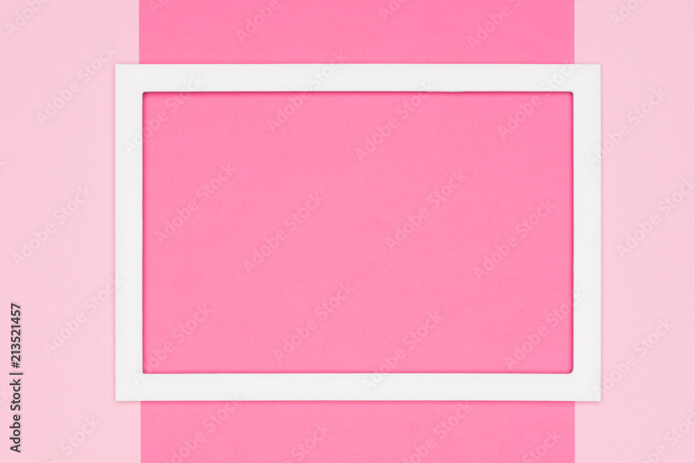 Abstract flat lay pastel pink colored paper texture minimalism background. Minimal template with empty picture frame mock up.