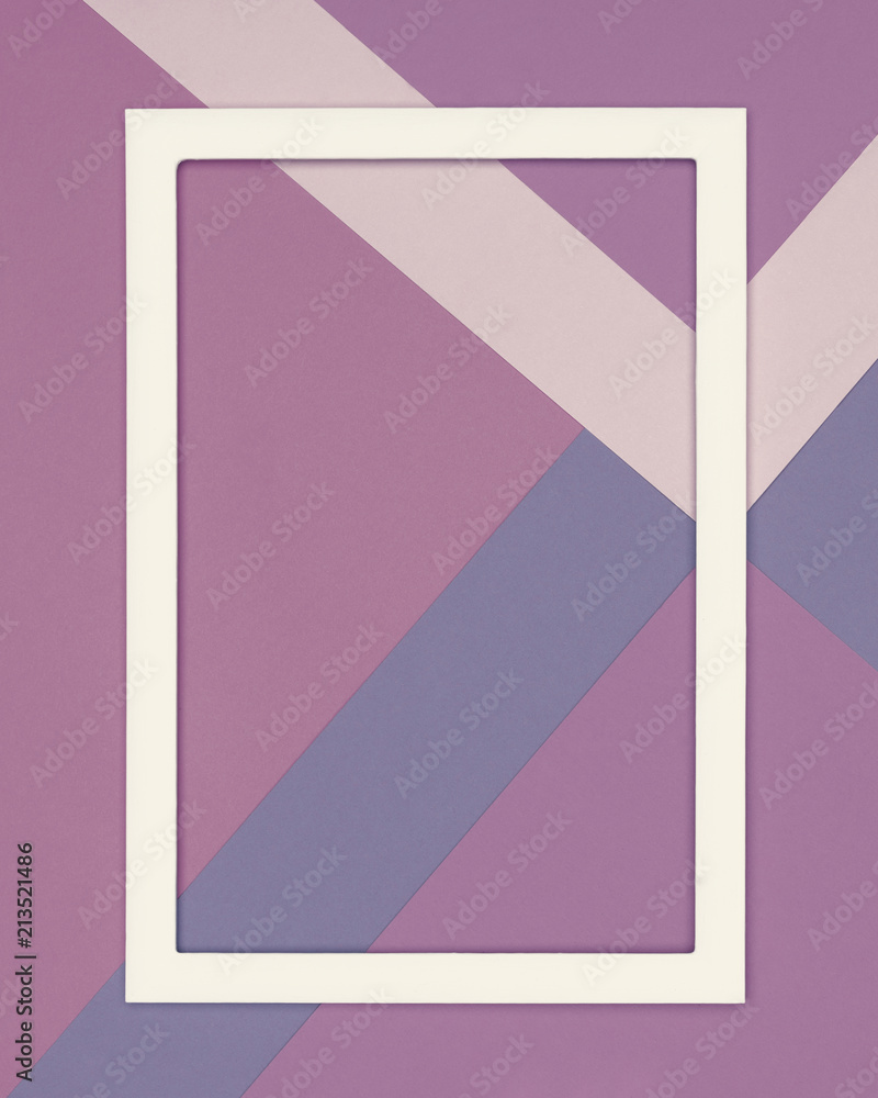 Abstract geometrical cold purple and ultra violet paper flat lay background. Minimalism and geometry template with empty picture frame mock up.