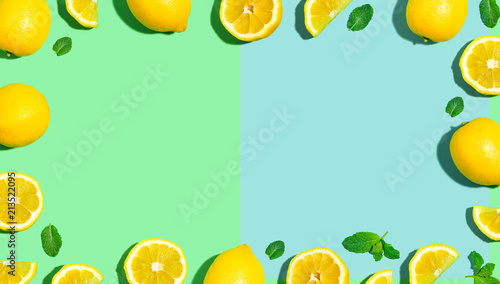 Fresh lemon pattern on a bright color background flat lay