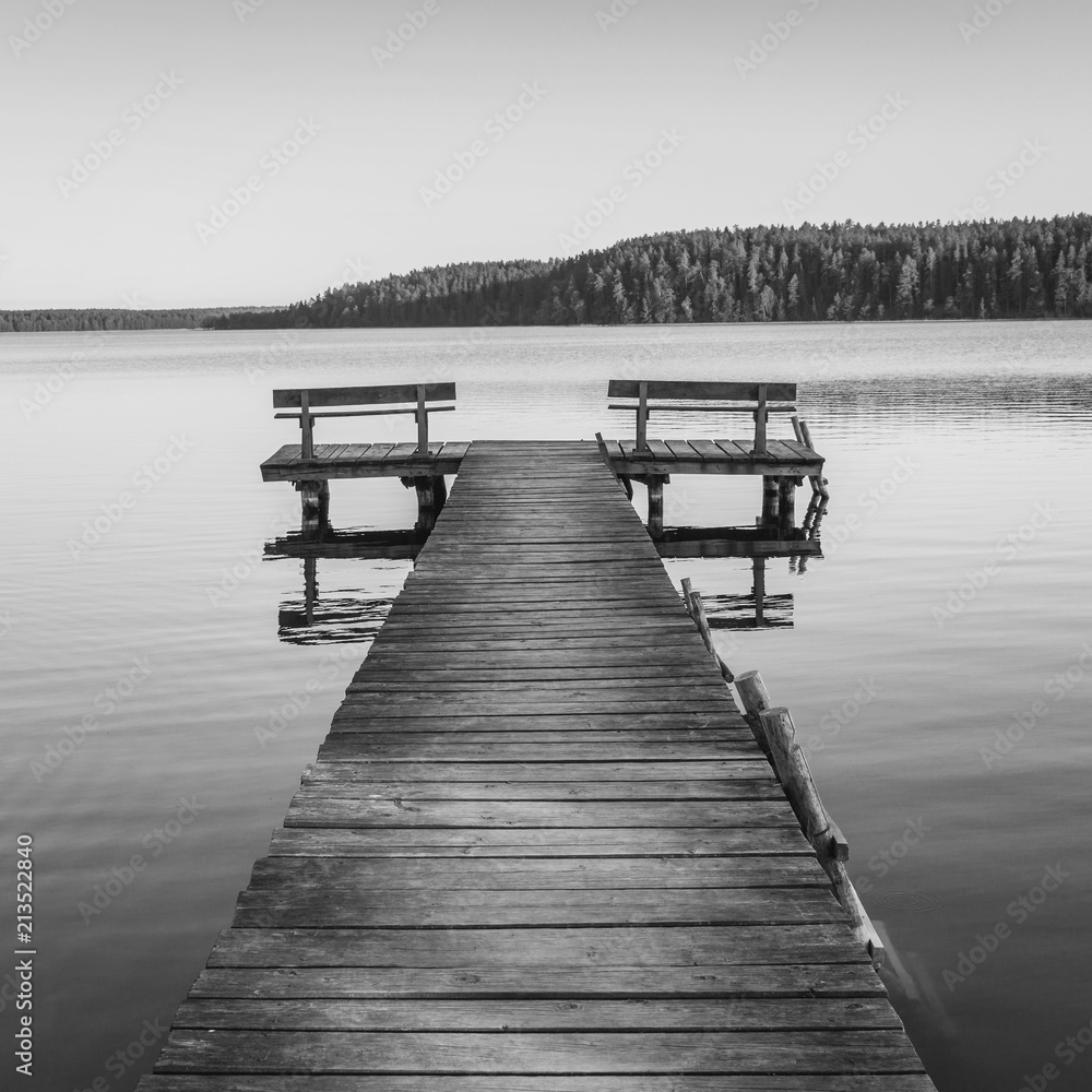 Wooden footbridge on the lake, black and white