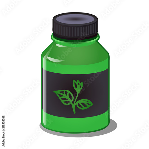 A concentrate of mineral and organic fertilizers in a green plastic bottle isolated on white background. Cartoon vector close-up illustration.