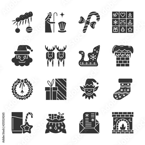 New year Christmas black silhouette icon set