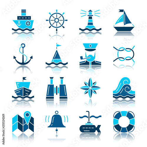Nautical color silhouette with reflection icon set
