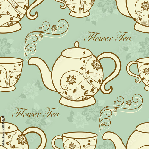 Seamless pattern with teapots and cups