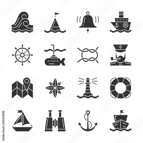 Nautical black silhouette icon set