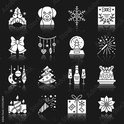 New Year Christmas white silhouette icon set