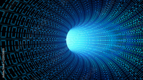 Binary code numbers in blue abstract speed motion in highway tunnel for technology background, digial data in computer. fast moving toward the light. 3d illustration