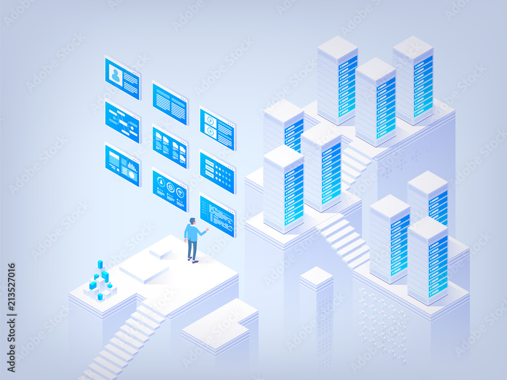 Database management. Concept of hi tech isometric vector illustration
