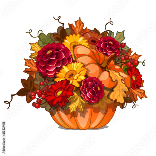 Fototapeta Naklejka Na Ścianę i Meble -  Floral arrangement of bright flowers in ripe orange pumpkin isolated on a white background. Vector cartoon close-up illustration.