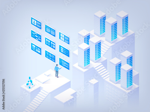 Database management. Concept of hi tech isometric vector illustration