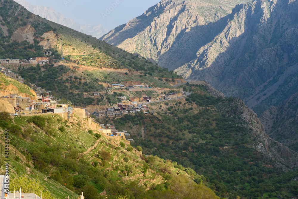 Howraman Valley with typical Kurdish village in Zagros Mountain. Kurdistan Province, Iran.