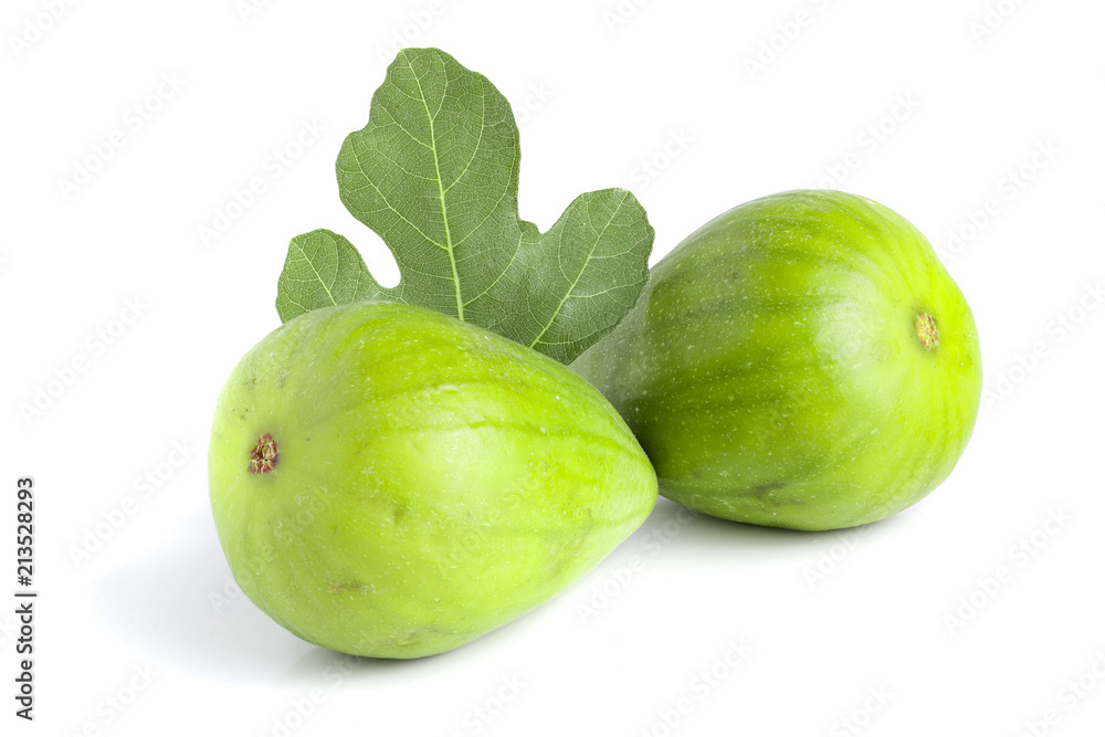 Ripe green fig fruit with leaf isolated on white background Ripe green fig fruit with leaf isolated on white background