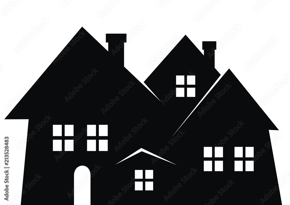 City, black silhouette. Vector icon. Group of houses with smokestack, windows and door.