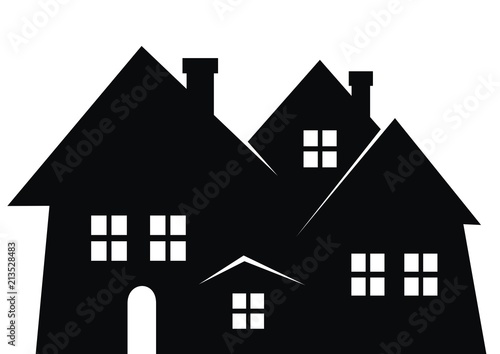 City, black silhouette. Vector icon. Group of houses with smokestack, windows and door. © janista