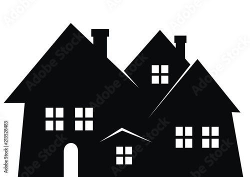 City, black silhouette. Vector icon. Group of houses with smokestack, windows and door.
