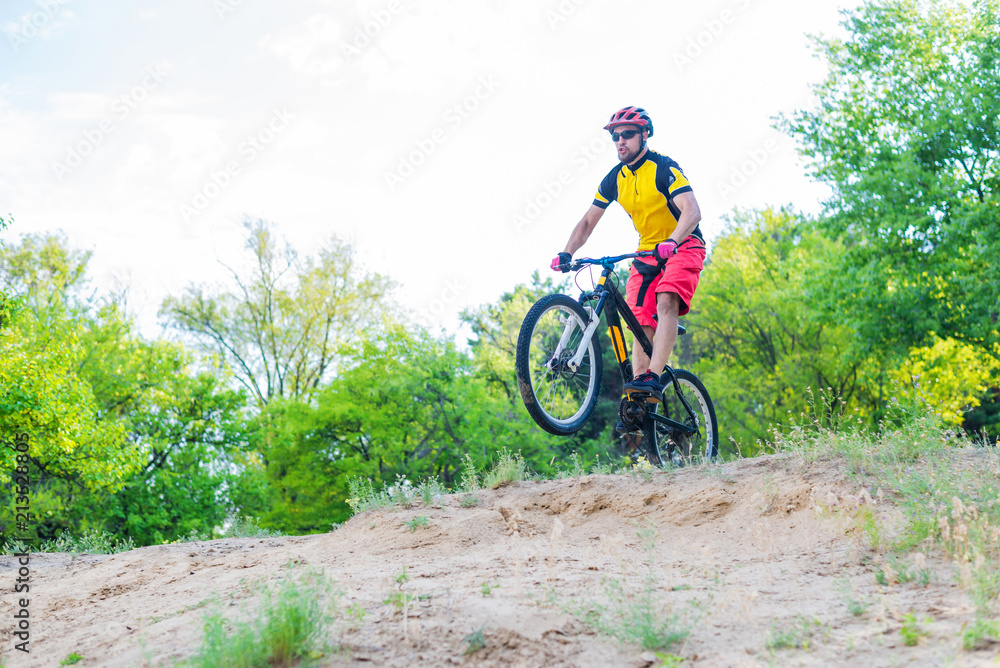 Naklejka premium The concept of an active lifestyle, the enduro cyclist descending from the top on a mountain bike, a bright summer photo.