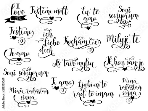 set of 16 I love you phrase hand lettering in many languages. Modern calligraphy. photo