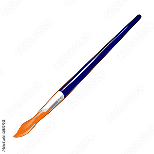Brush with orange paint isolated on white background. Vector cartoon close-up illustration.