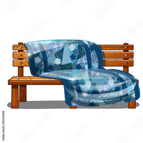 Wooden bench covered with a warm blanket or a blanket with texture on Christmas theme. Outdoor furniture isolated on white background. Vector illustration.