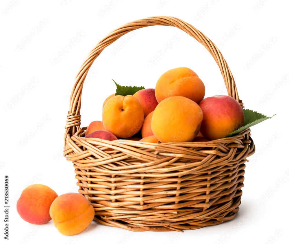 Ripe apricots in a basket on a white, isolated. Ripe apricots in a basket on a white, isolated.