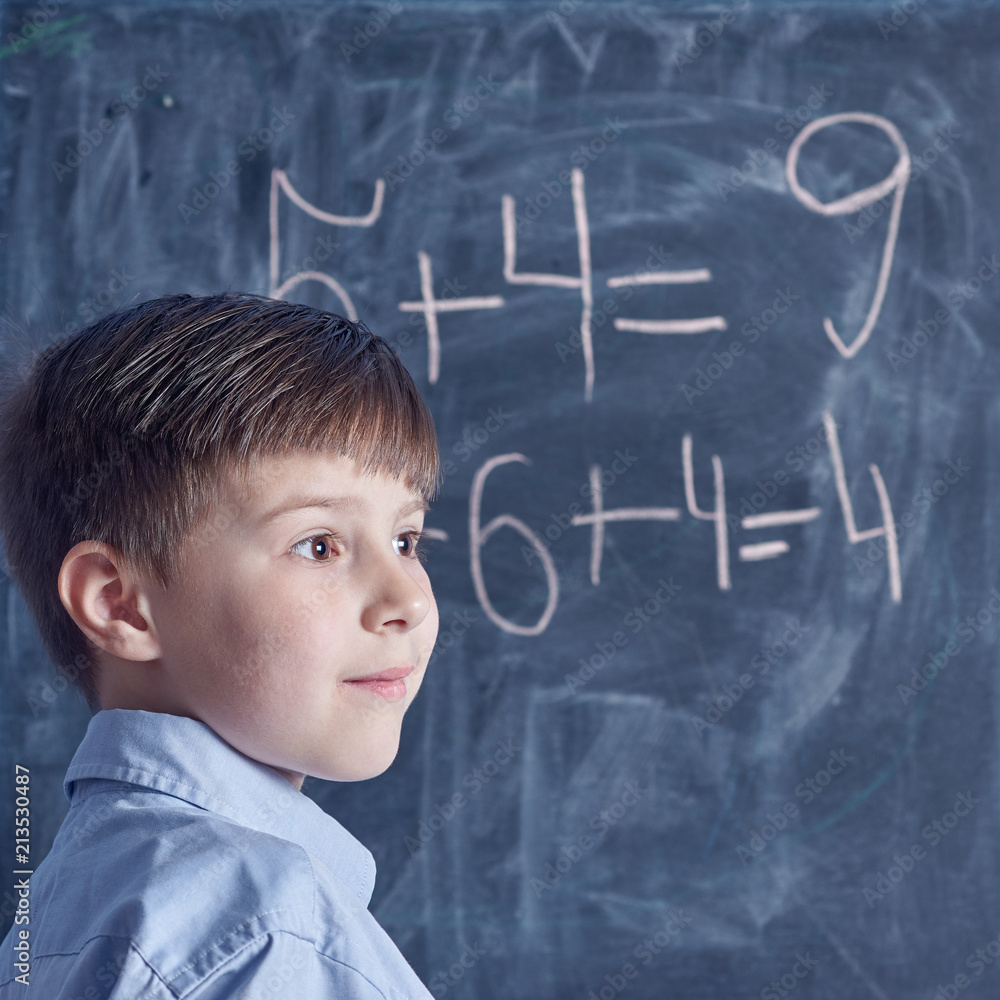 Caucasian schoolboy at a blackboard. He is thinking over math task. Caucasian schoolboy at a blackboard. He is thinking over math task.